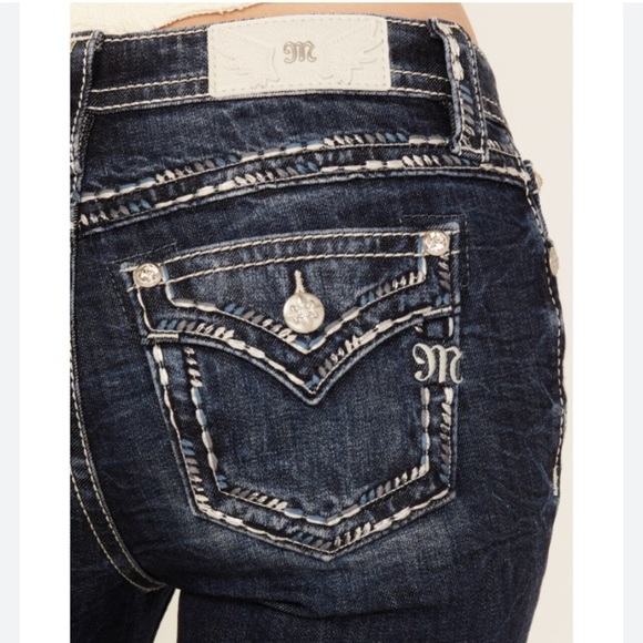 MISS ME SKINNY DARK WASH JEANS SADDLE STITCH POCKET RED,WHITE AND BLUE SZ 27 - Picture 9 of 14